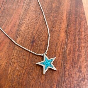 Vintage Sterling Silver Beaded Chain and Turquoise Chip Inlay Pendant Necklace